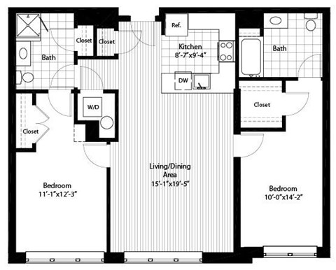 Floor plan for 2 beds, 2 baths, 1117 sqft